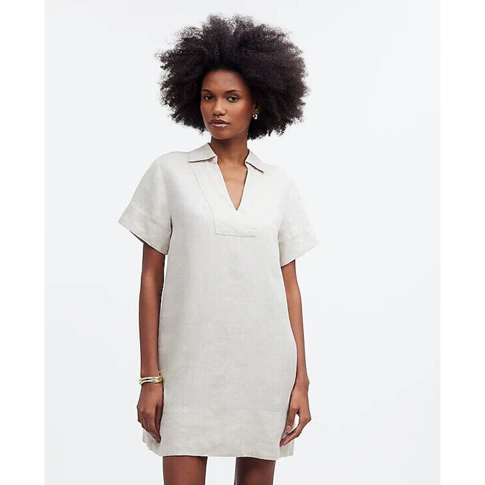 Madewell Womens V-Neck Mini Dress 100% Linen in Natural Undyed M NWT